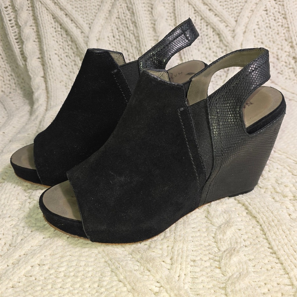 Naked Feet Columba Wedge Sandal Black Leather Suede Peep Toe Slingback Women 7.5